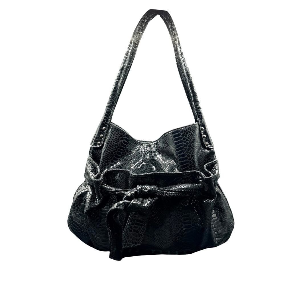 Perlina Studio Black Snakeskin Embossed Slouchy Hobo Shoulder Bag